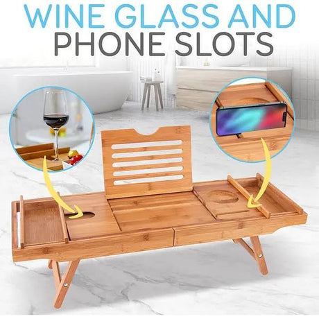 Expandable Bamboo Bathtub Caddy Tray Breakfast Bed Table Multi Function with Stands and Slots