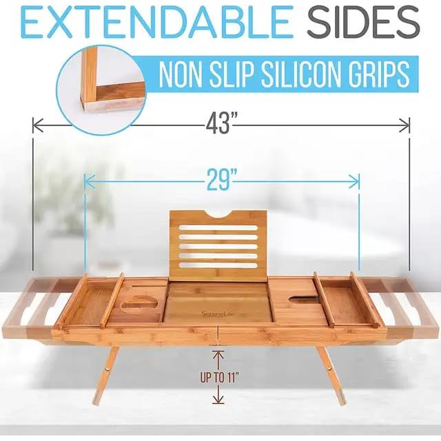 Expandable Bamboo Bathtub Caddy Tray Breakfast Bed Table Multi Function with Stands and Slots