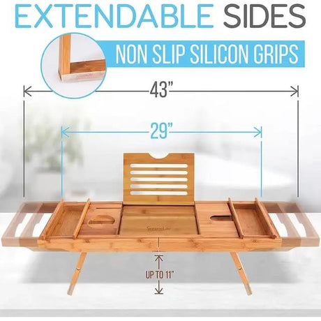 Expandable Bamboo Bathtub Caddy Tray Breakfast Bed Table Multi Function with Stands and Slots