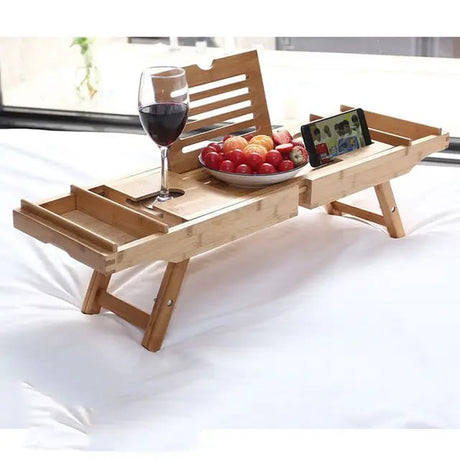 Expandable Bamboo Bathtub Caddy Tray Breakfast Bed Table Multi Function with Stands and Slots