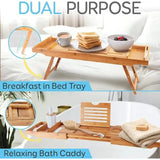 Expandable Bamboo Bathtub Caddy Tray Breakfast Bed Table Multi Function with Stands and Slots