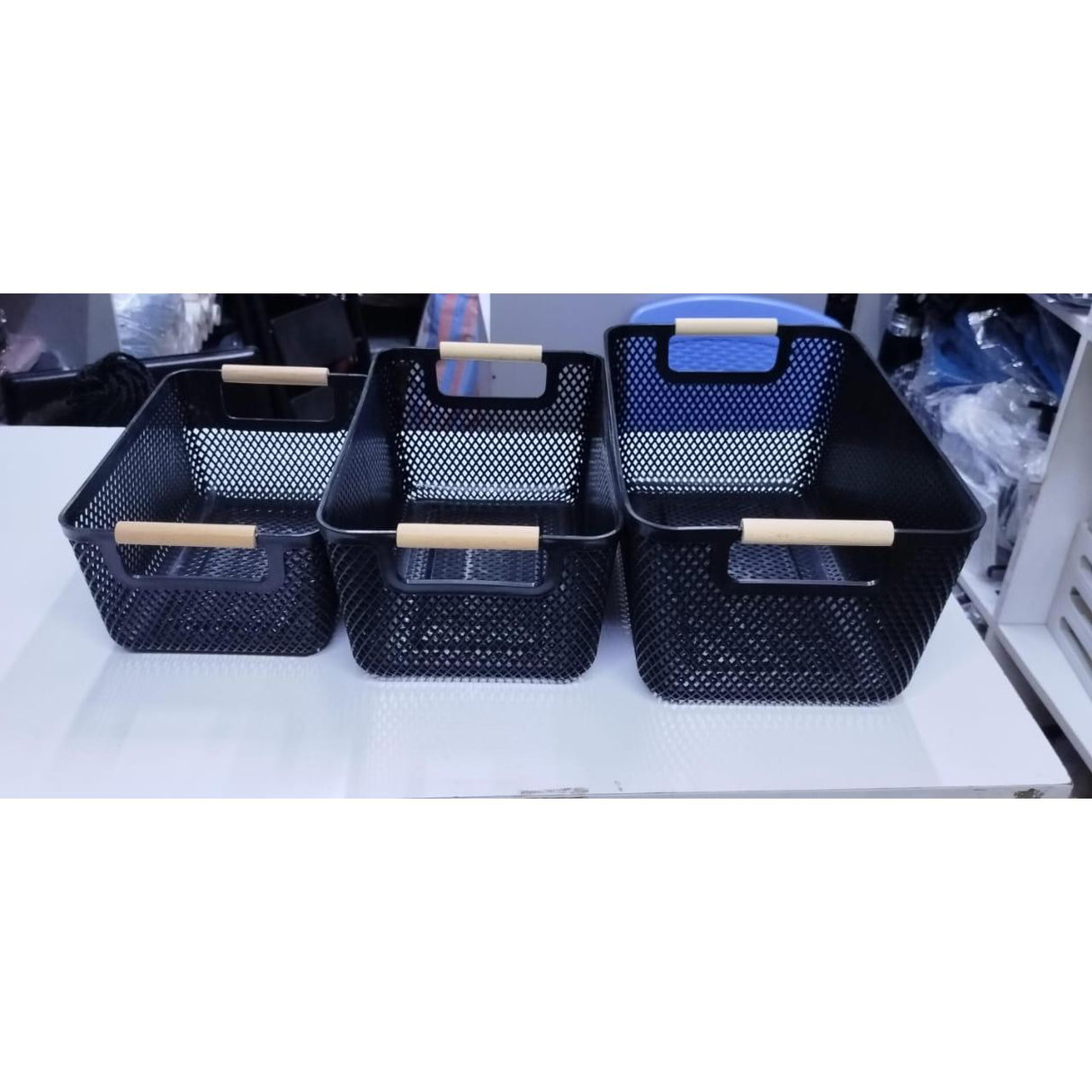 Extra-Large Mesh Plastic Storage Baskets with Bamboo Handles