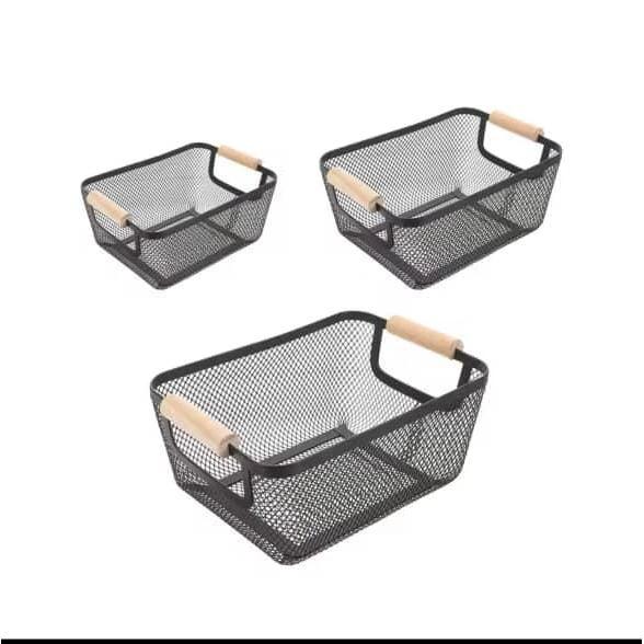 Extra-Large Mesh Plastic Storage Baskets with Bamboo Handles Home organizer Household Storage Containers