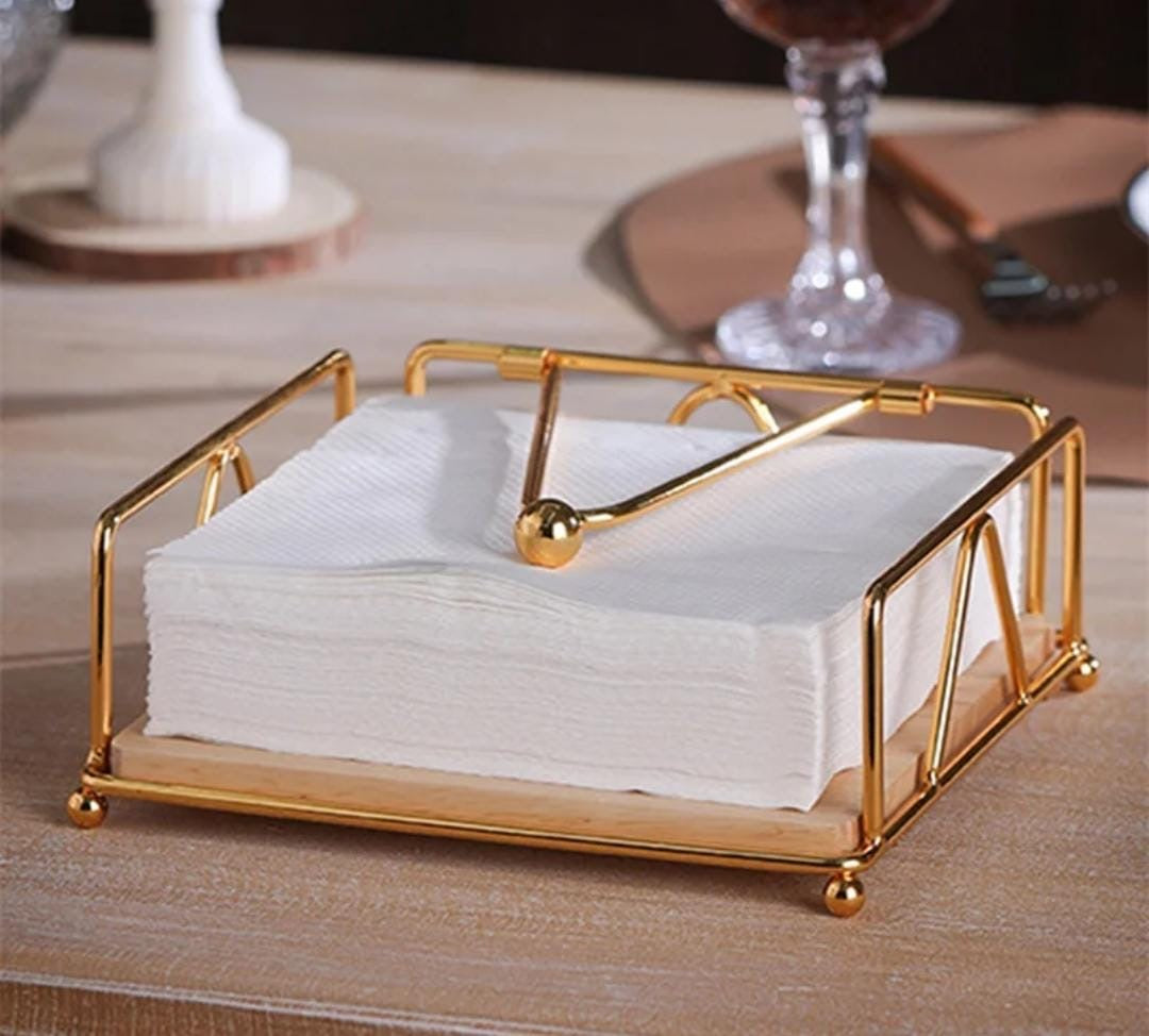 Luxury Serviette Holder with Bamboo Base – Black & Gold Napkin Dispenser- Furaha Finds Kenya