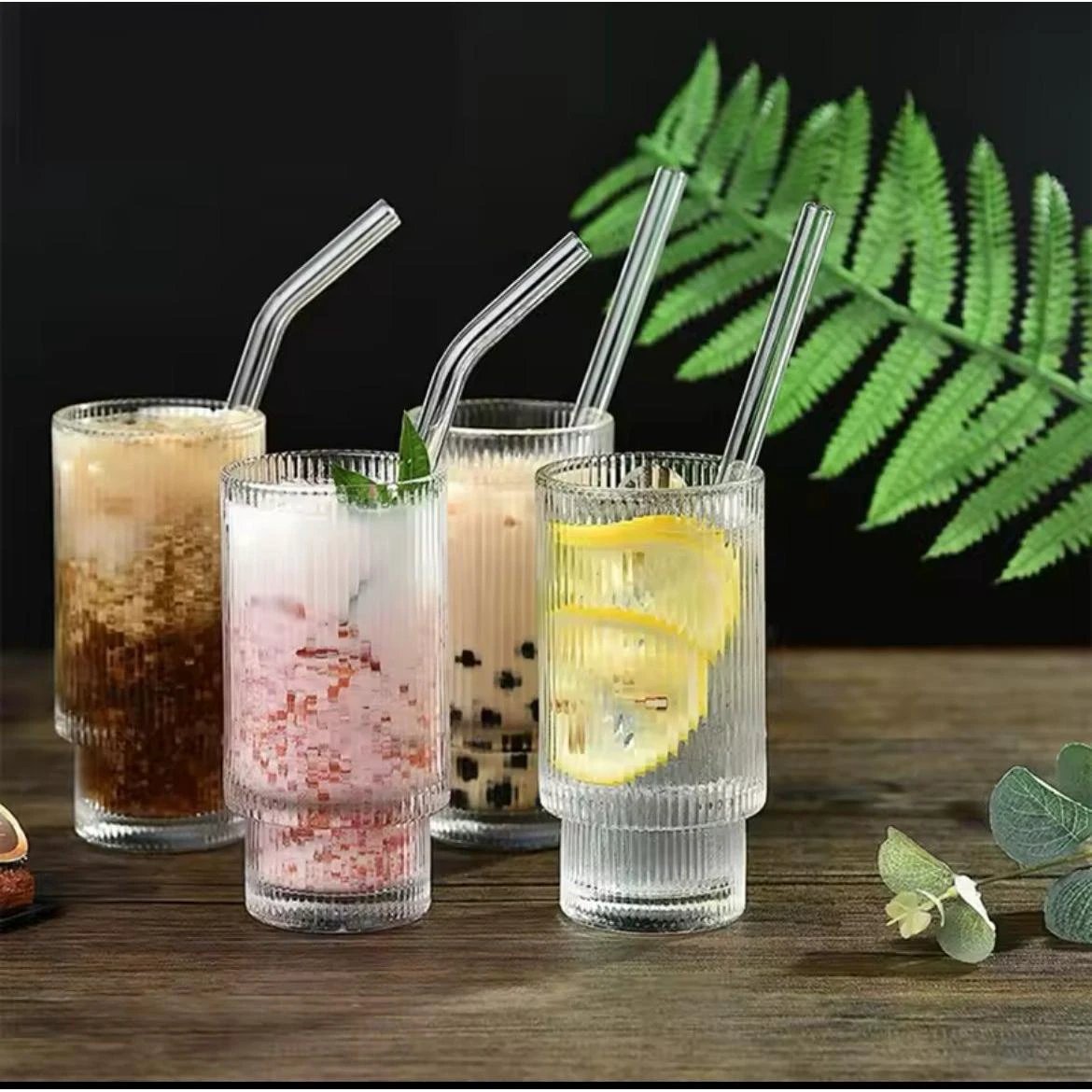Fancy Aesthetic Highball Crystal Ribbed Glasses Set of 6 Tableware Tumblers