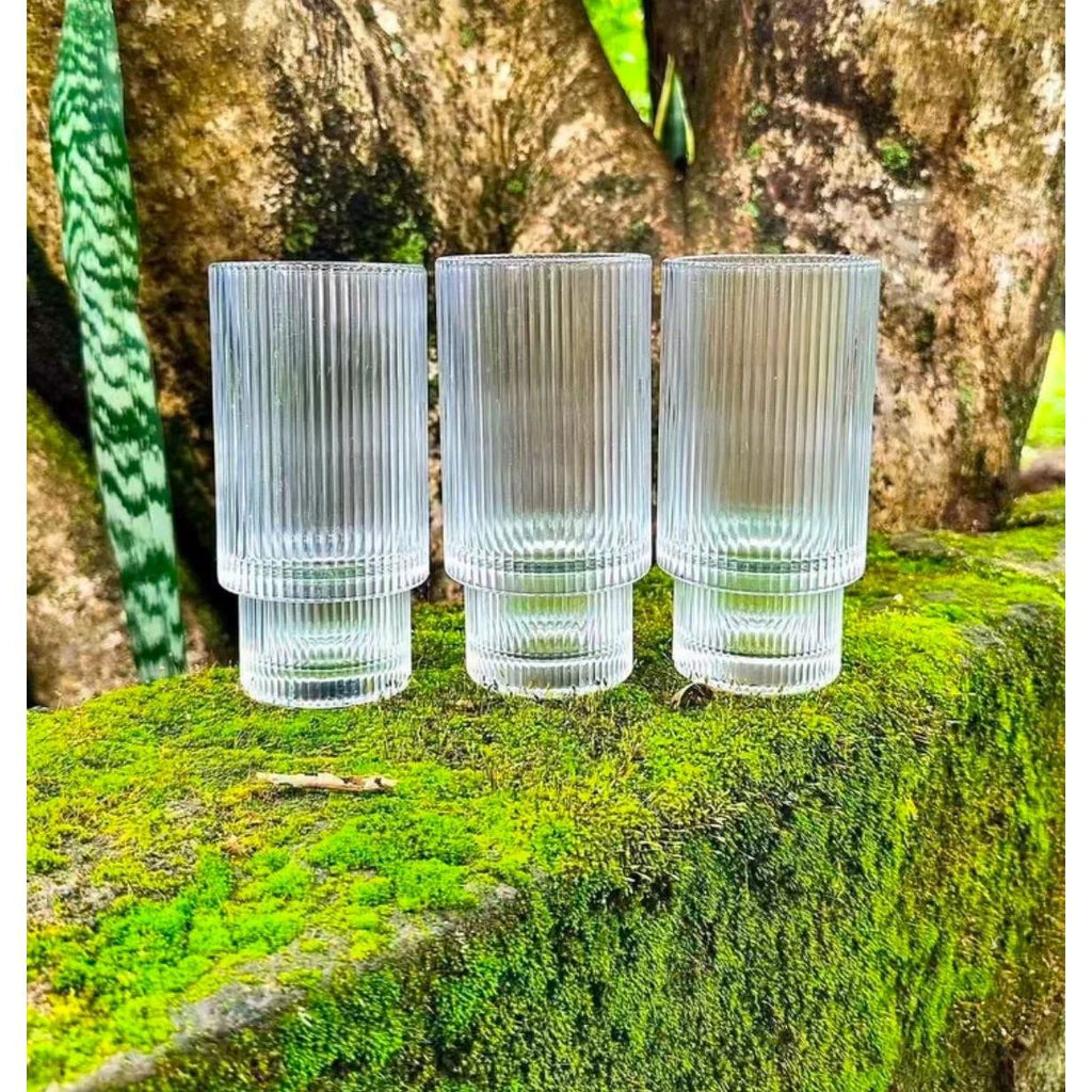 Fancy Aesthetic Highball Crystal Ribbed Glasses Set of 6 Tableware Tumblers
