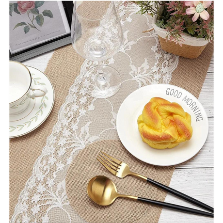 Farmhouse Table Runner with White Lace Rustic Vintage Style Decor, Romantic Table Runner for Weddings, Dining & Home Decor