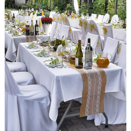 Farmhouse Table Runner with White Lace Rustic Vintage Style Decor, Romantic Table Runner for Weddings, Dining & Home Decor