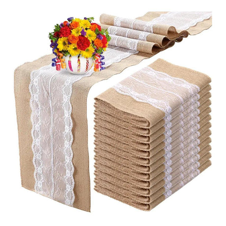 Farmhouse Table Runner with White Lace Rustic Vintage Style Decor, Romantic Table Runner for Weddings, Dining & Home Decor