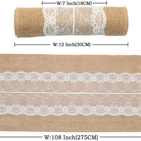 Farmhouse Table Runner with White Lace Rustic Vintage Style Decor, Romantic Table Runner for Weddings, Dining & Home Decor