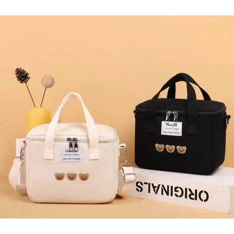 Fashion Cartoon Mommy Bear Insulated Canvas Lunch Bag Portable & Stylish Food Carrier Backpacks & Bags Lunch Bags