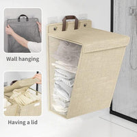 Foldable Adhesive Laundry Basket Hamper with Handle and Stickers | Punch-Free Wall Hanging Mesh Organizer - Grey & Beige Laundry hampers and basket Laundry Baskets