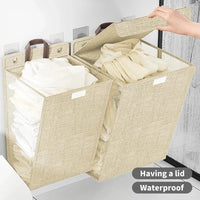 Foldable Adhesive Laundry Basket Hamper with Handle and Stickers | Punch-Free Wall Hanging Mesh Organizer - Grey & Beige Laundry hampers and basket Laundry Baskets