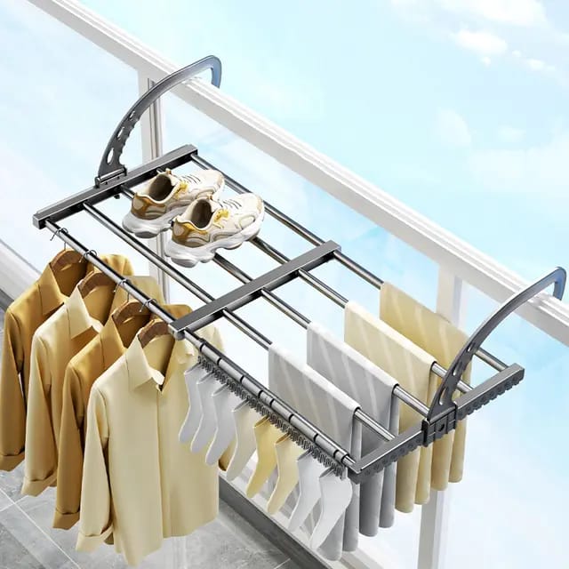 Foldable Clothes Multipurpose Drying Rack Stainless Steel for Balcony Bedroom Drying Shoes Clothes Towel Organizer Window Shoe Storage Shelf | Stretchable Size: 50cm-80cm
