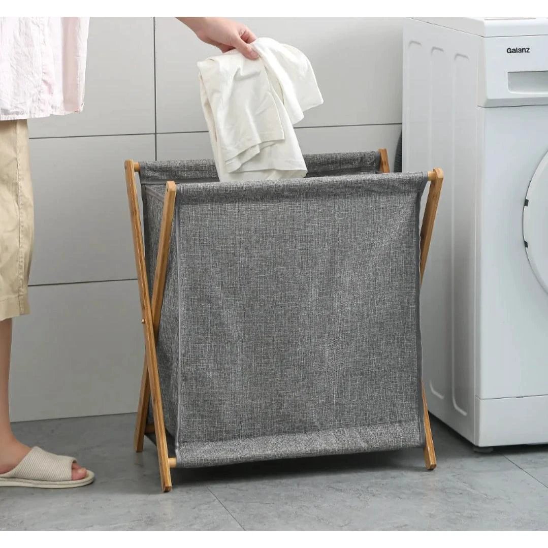 Foldable Laundry Basket with Bamboo Stand Durable Oxford Cloth Hamper for Laundry, Available in Beige and Grey Laundry Supplies Laundry Baskets