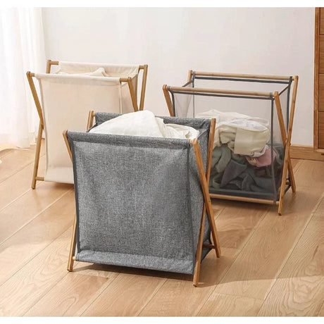 Foldable Laundry Basket with Bamboo Stand Durable Oxford Cloth Hamper for Laundry, Available in Beige and Grey Laundry Supplies Laundry Baskets