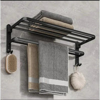 Foldable Metallic Bathroom Towel Holder Rack | 60x21x19cm Black - Adhesive & Screw Mount Options Bathroom Storage Towel Racks