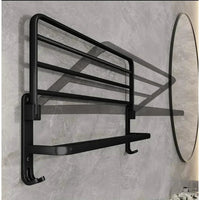 Foldable Metallic Bathroom Towel Holder Rack | 60x21x19cm Black - Adhesive & Screw Mount Options Bathroom Storage Towel Racks