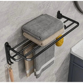 Foldable Metallic Bathroom Towel Holder Rack | 60x21x19cm Black - Adhesive & Screw Mount Options Bathroom Storage Towel Racks