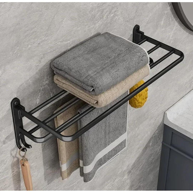 Foldable Metallic Bathroom Towel Holder Rack | 60x21x19cm Black - Adhesive & Screw Mount Options