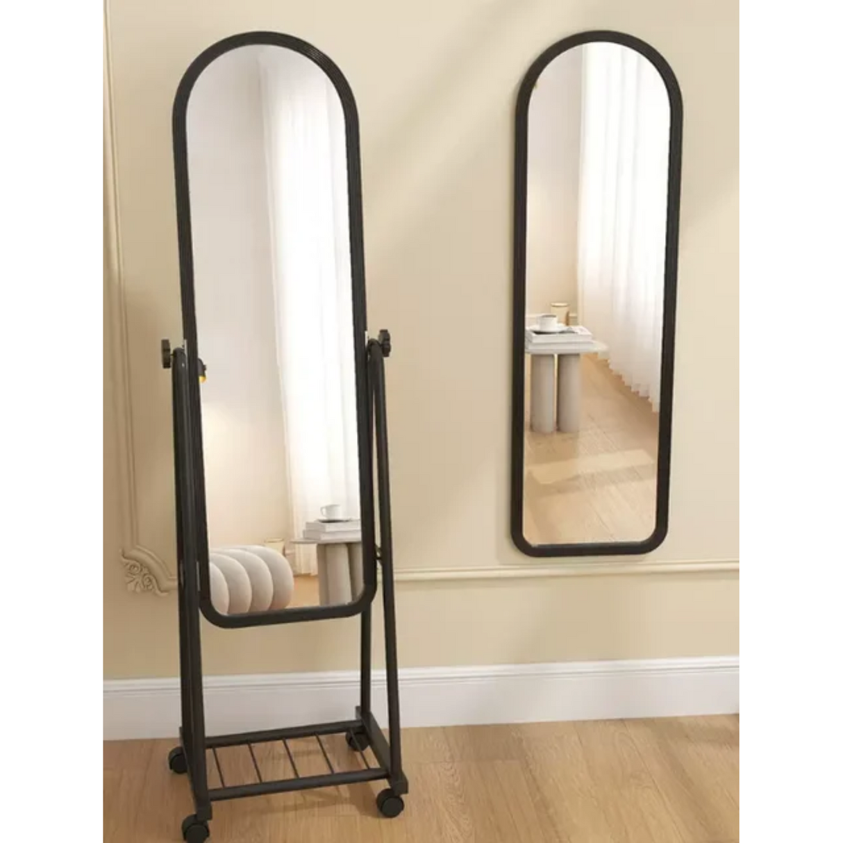Full Length Standing Mirror with Arched Frame and Storage Rack