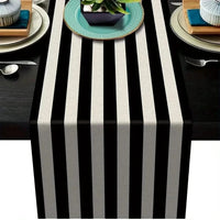 Geometric Stripe Linen Table Runner Modern Black & White Plaid Vintage Tablecloth Dining Room Decor Tablecloths