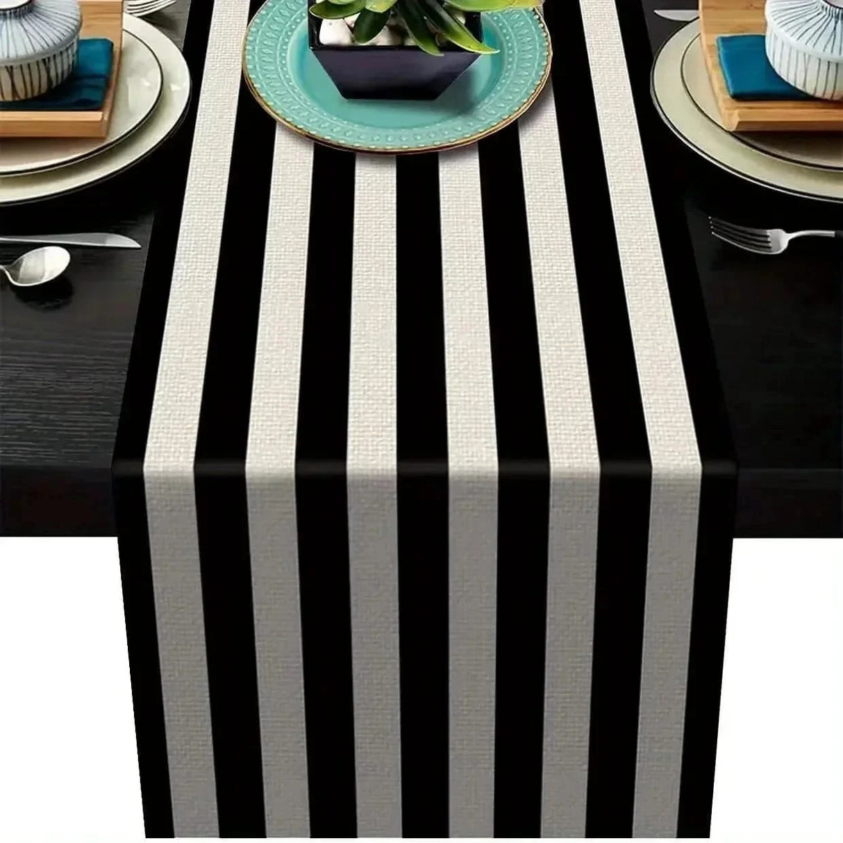 Geometric Stripe Linen Table Runner Modern Black & White Plaid Vintage Tablecloth Dining Room Decor Tablecloths