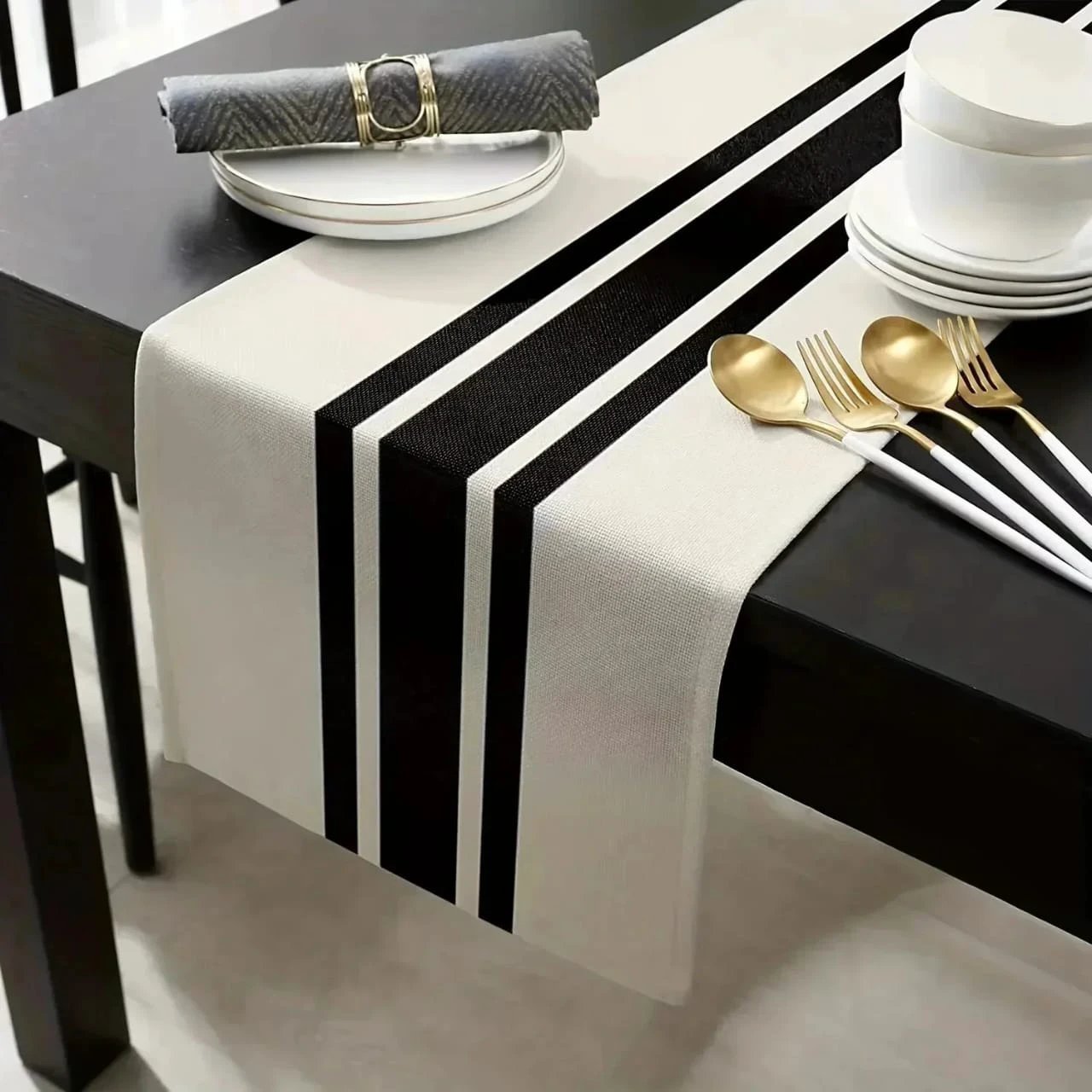 Geometric Stripe Linen Table Runner Modern Black & White Plaid Vintage Tablecloth Dining Room Decor Tablecloths