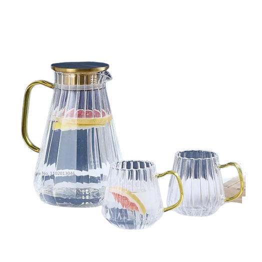 Glass Decanter Kettle Cups Set | High Quality Glass with Metallic Gold Finish