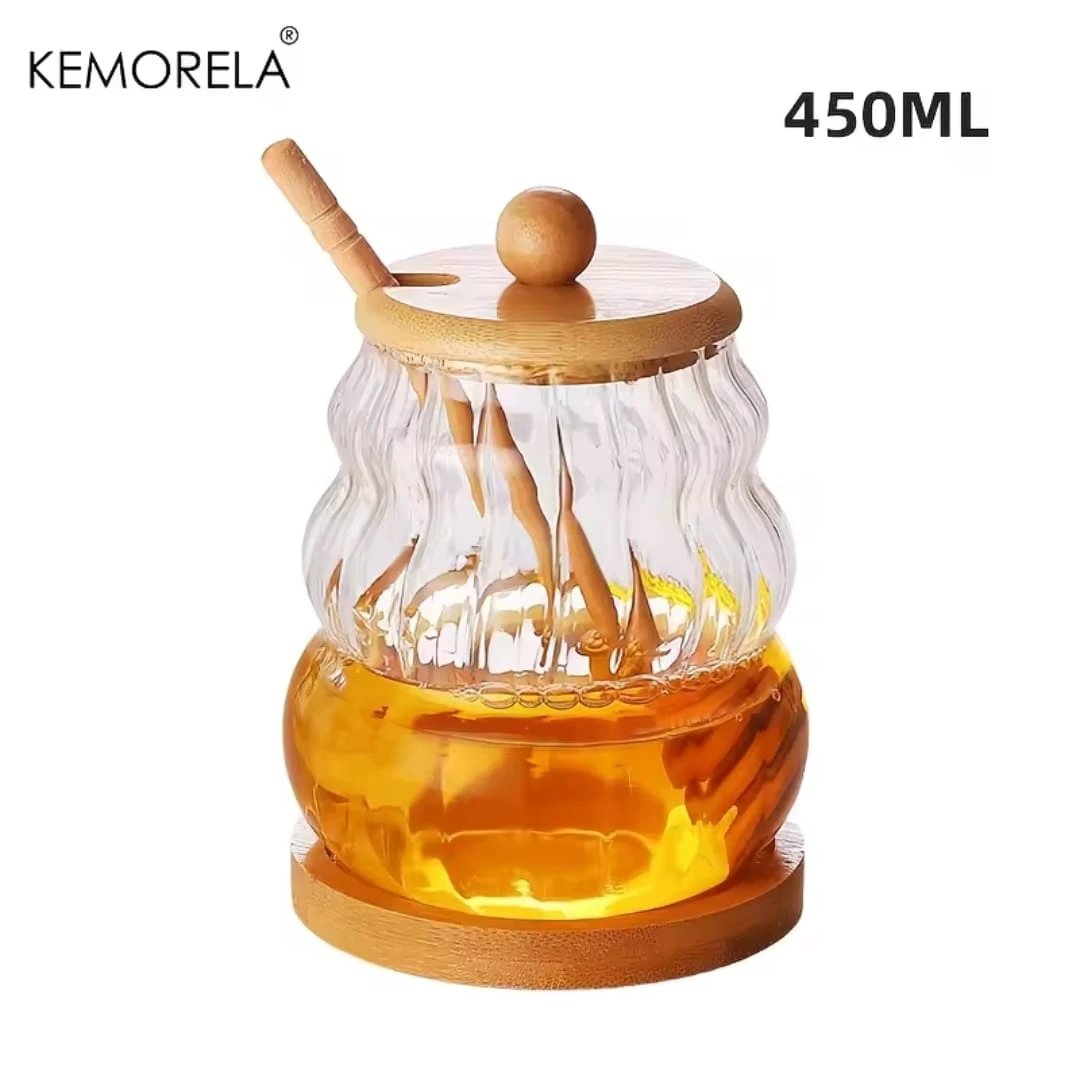 Glass Honey Dispenser Jar with Bamboo Lid, Base & Dipper Glass storage jar Condiment Dispensers