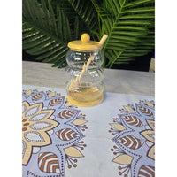 Glass Honey Dispenser Jar with Bamboo Lid, Base & Dipper Glass storage jar Condiment Dispensers