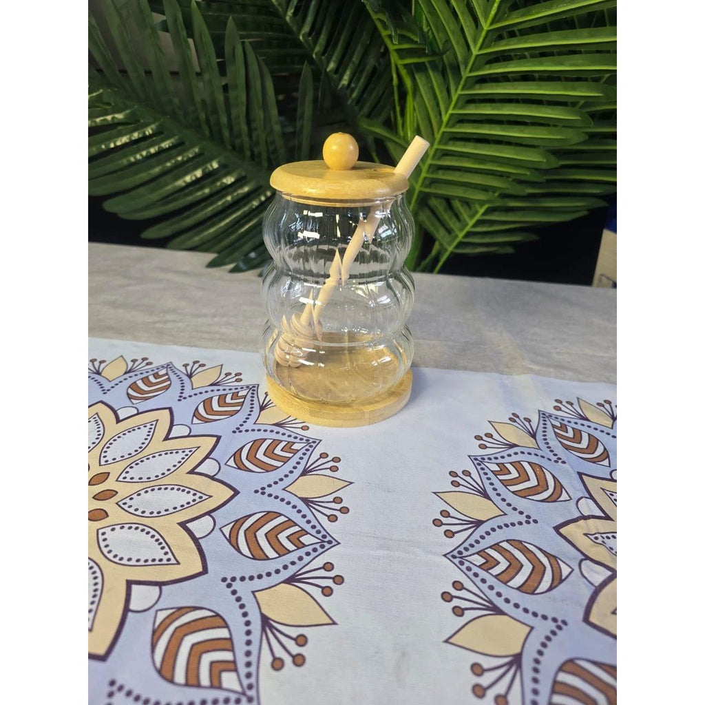 Glass Honey Dispenser Jar with Bamboo Lid, Base & Dipper Glass storage jar Condiment Dispensers
