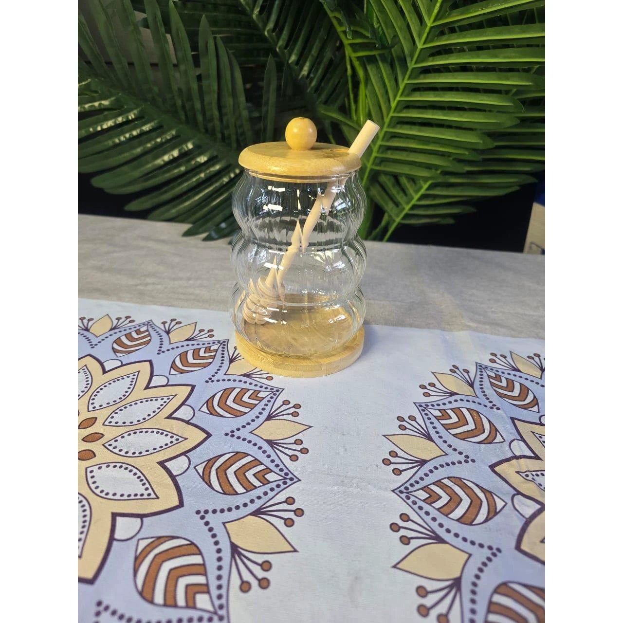 Glass Honey Dispenser Jar with Bamboo Lid, Base & Dipper Glass storage jar Condiment Dispensers