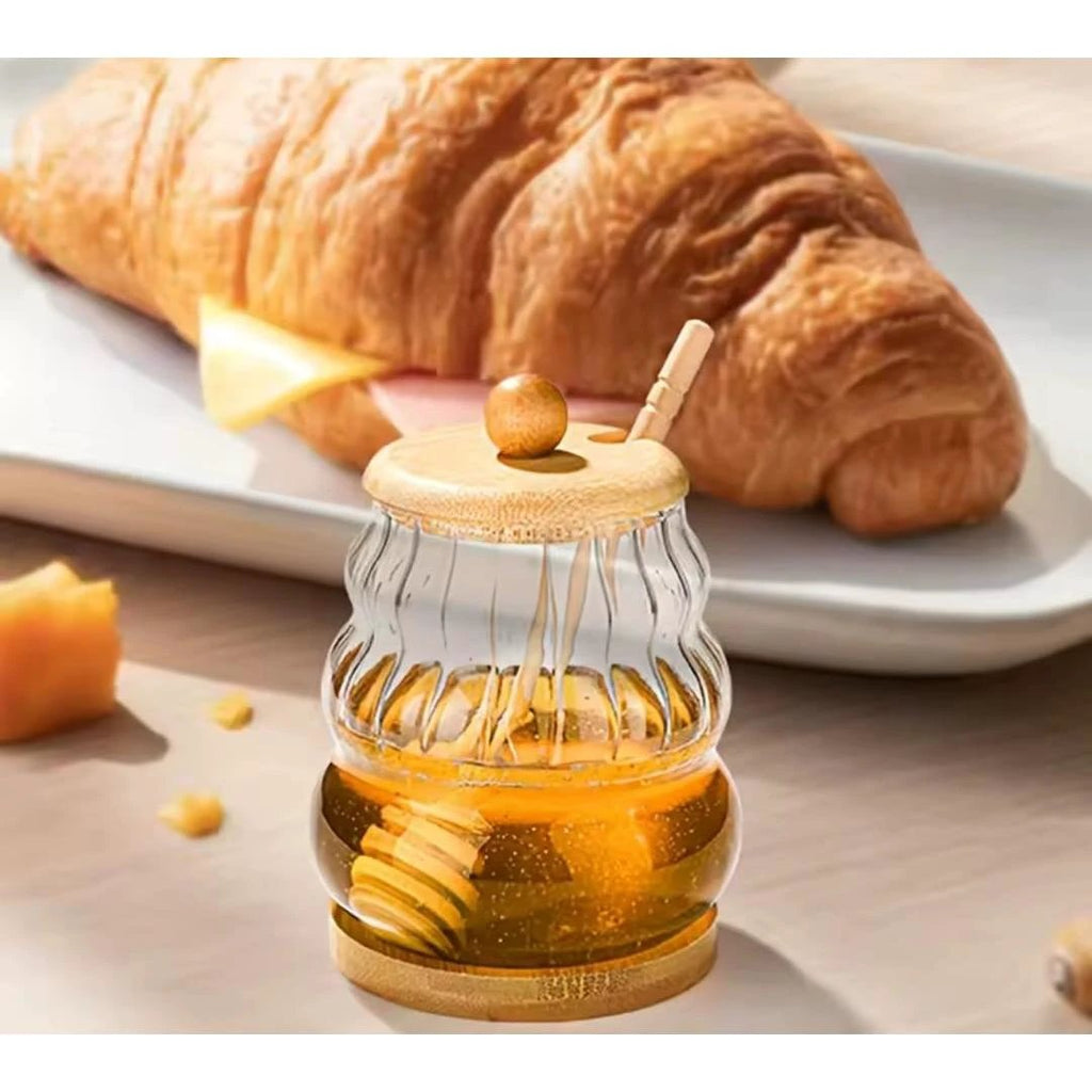 Glass Honey Dispenser Jar with Bamboo Lid, Base & Dipper Glass storage jar Condiment Dispensers