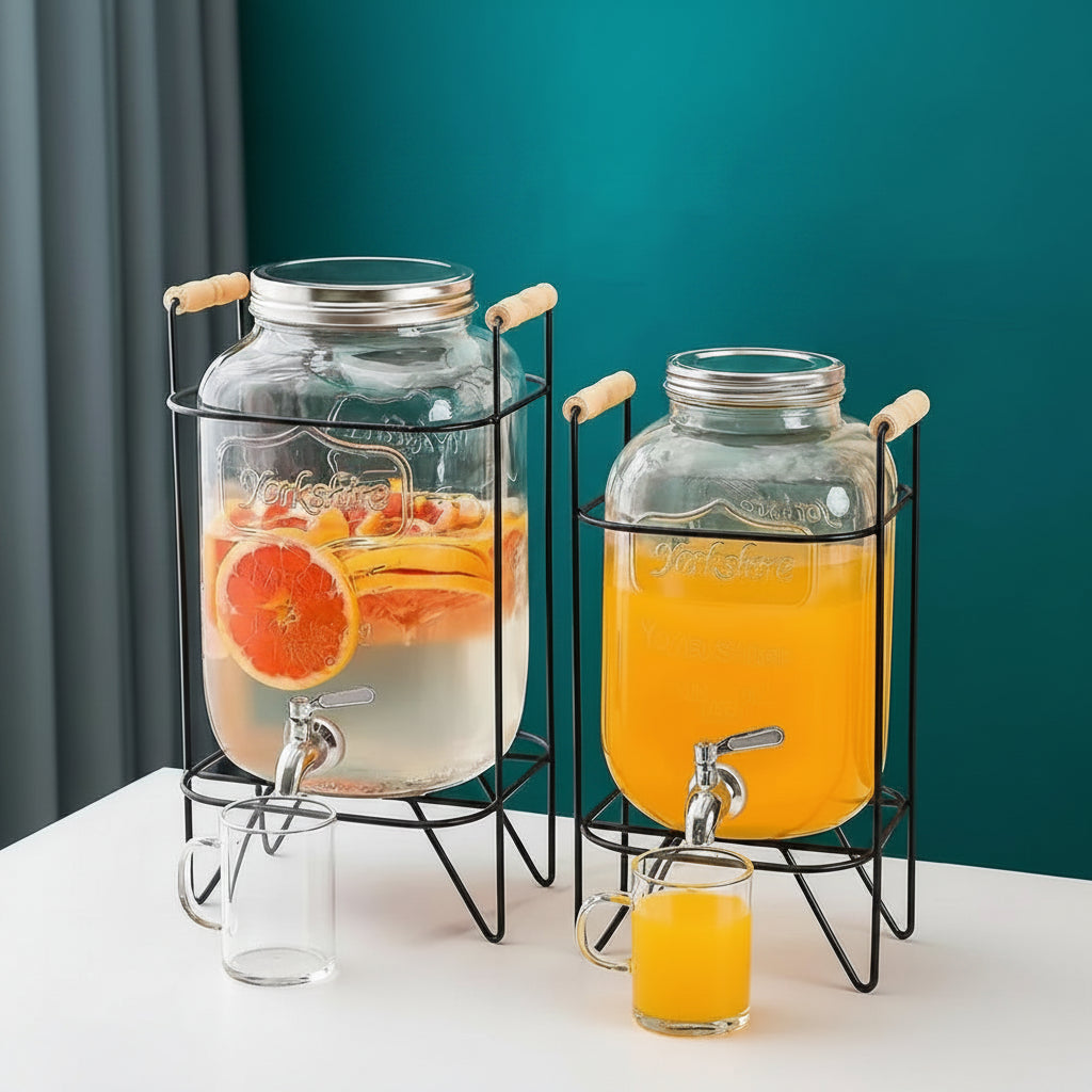 Glass Juice Dispenser with Metallic Stand Available in 5L & 8L Beverage Dispensers