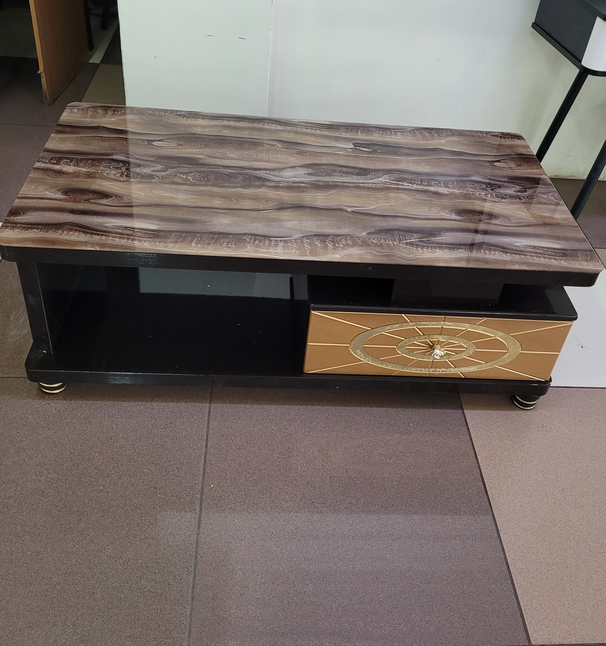 Glass-Top Coffee Table with Drawer and Cabinet – Modern Wood-Finish Design