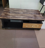 Glass-Top Coffee Table with Drawer and Cabinet – Modern Wood-Finish Design