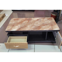 Glass-Top Coffee Table with Dual Drawers – Brown Marble-Finish Living Room Table Coffee Tables
