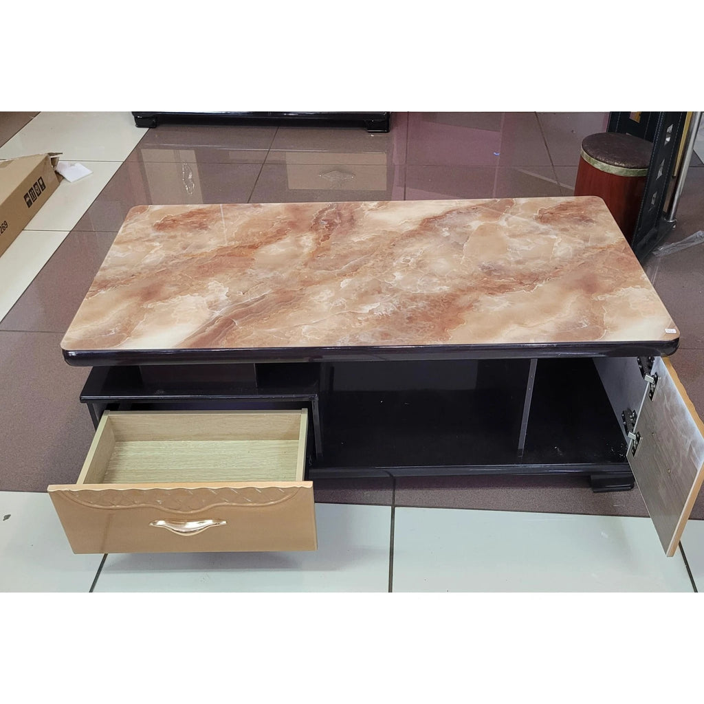 Glass-Top Coffee Table with Dual Drawers – Brown Marble-Finish Living Room Table Coffee Tables