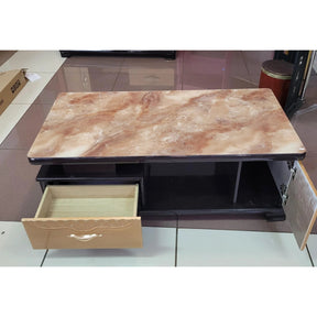 Glass-Top Coffee Table with Dual Drawers – Brown Marble-Finish Living Room Table Coffee Tables