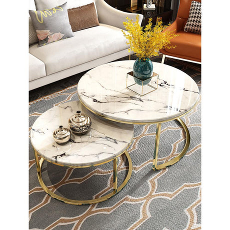 Glass Top Nesting Tables (Marble Effect) | Set of 2 | 70cm & 50cm Diameter | Round Marble top Table| Stainless Steel Metal | Living Room Furniture | Space Saving| Decorative Table