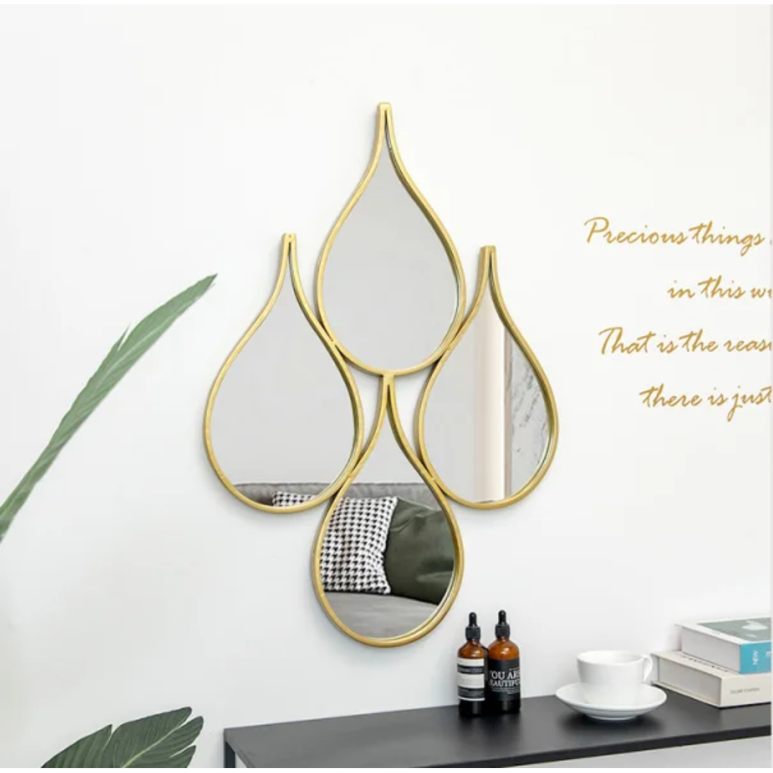 Gold Plated Nordic Decor Mirror | Teardrop Shaped Metal Frame Wall Hanging | Elegant Nordic Style for Living Room, Dining Room, Hallway