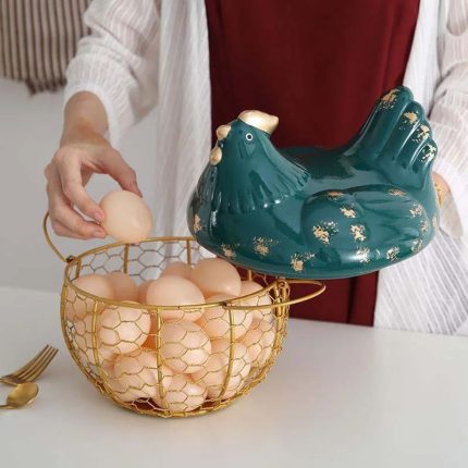 Egg Basket with Chicken Ceramic Cover 20cm Steel Basket Gold & Green- Furaha Finds Kenya