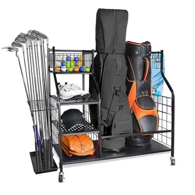 Golf Bag & Equipment Storage Organizer Rack | Black Steel, 95.5x40.6x93.6cm. Storage and organization Golf Bag Accessories