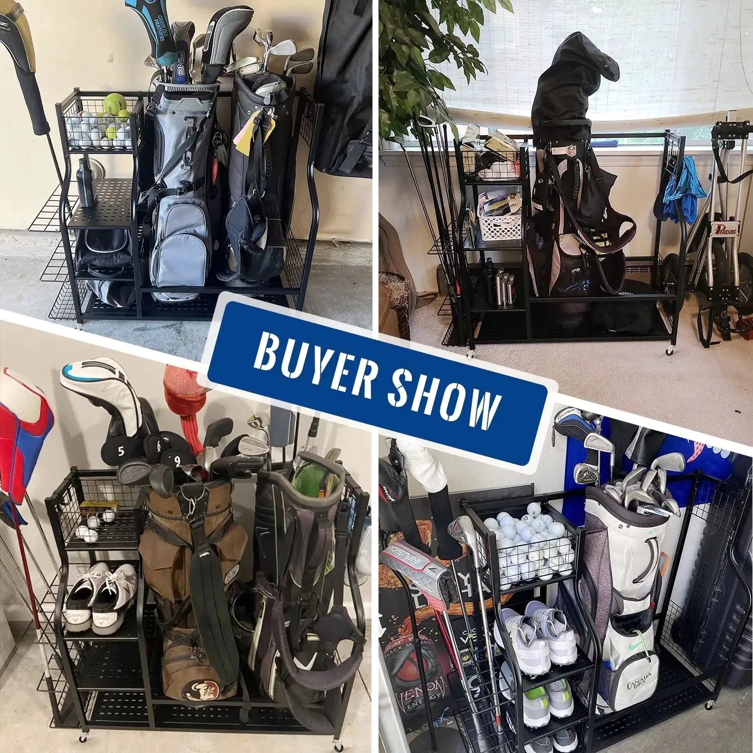 Golf Bag & Equipment Storage Organizer Rack | Black Steel, 95.5x40.6x93.6cm. Storage and organization Golf Bag Accessories