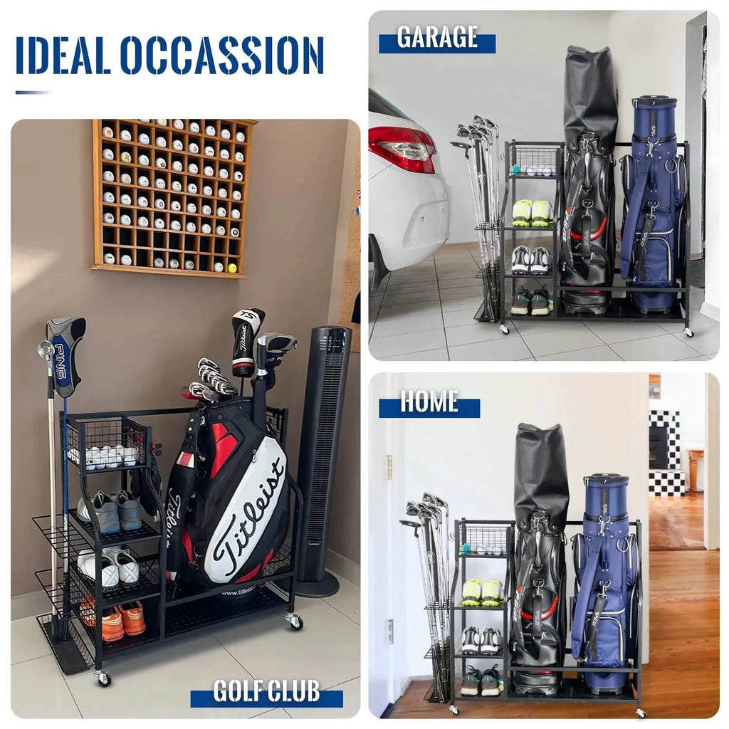Golf Bag & Equipment Storage Organizer Rack | Black Steel, 95.5x40.6x93.6cm. Storage and organization Golf Bag Accessories