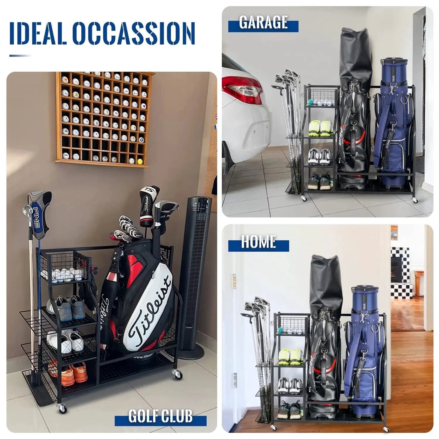 Golf Bag & Equipment Storage Organizer Rack | Black Steel, 95.5x40.6x93.6cm. Storage and organization Golf Bag Accessories