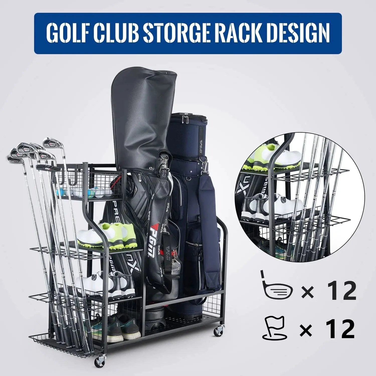 Golf Bag & Equipment Storage Organizer Rack | Black Steel, 95.5x40.6x93.6cm. Storage and organization Golf Bag Accessories