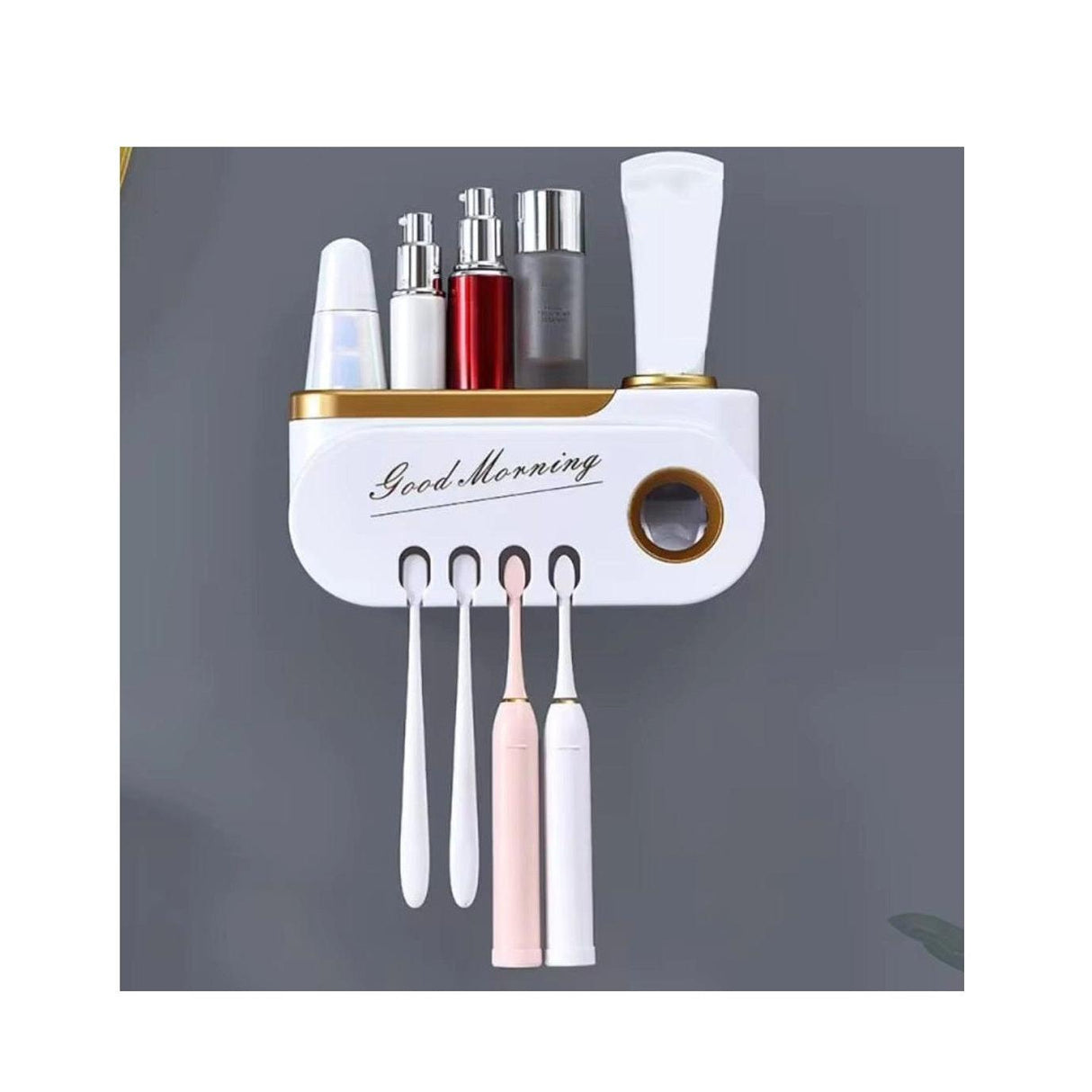 Good Morning Toothpaste Dispenser | 4 Toothbrush Holder with Storage | Upper Storage Compartment