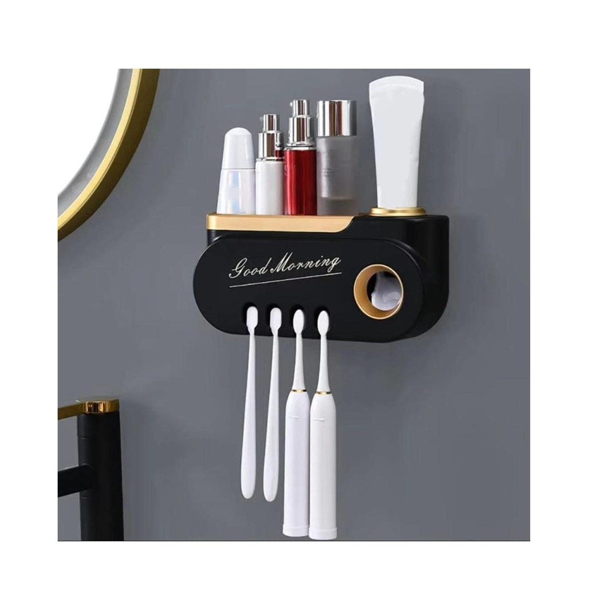 Good Morning Toothpaste Dispenser | 4 Toothbrush Holder with Storage | Upper Storage Compartment